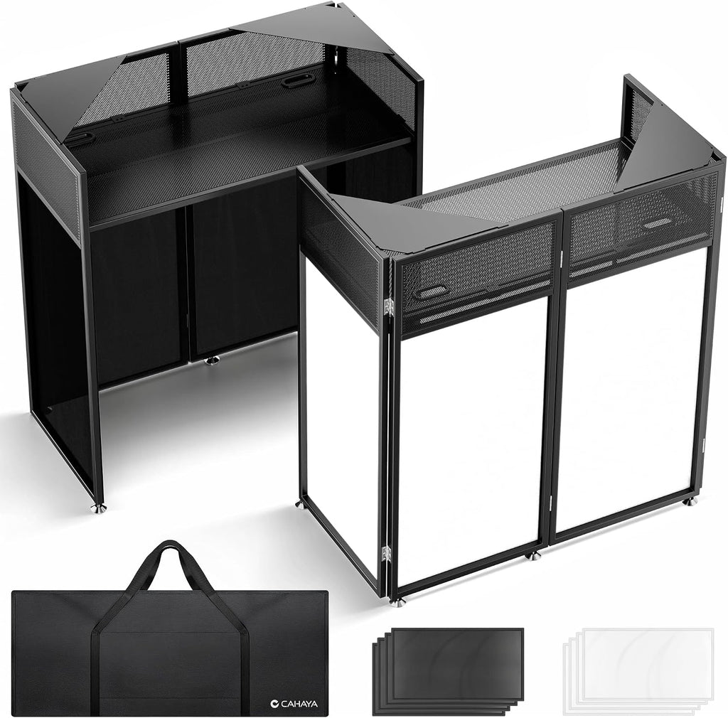 CAHAYA DJ Booth Stand Portable – DJ Table Facade for Laptop & Controller Double Top Corners Black & White Scrims for Lighting Easy Setup Foldable Storage with Bag 40'L x 20'W