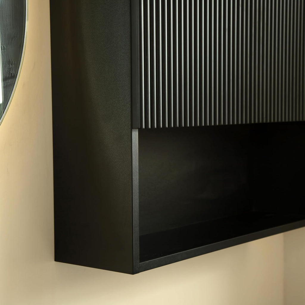 26' Wall-Mounted Striped Bathroom Cabinet, with Doors, Shelf and Open Storage Compartment Over The Toilet Storage Cabinet for Bathroom, Kitchen, Laundry Room, Black