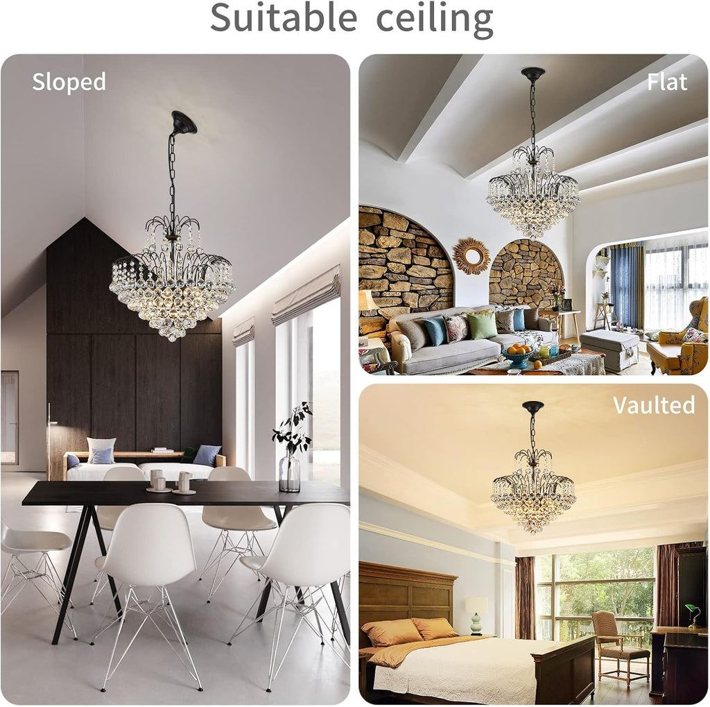 WUZUPS Crystal Chandelier Pendant Flushmount Ceiling Light Modern Lighting Fixture for Bedroom Hallway Bar Kitchen Bathroom, H 17.3' x W 18.9', Black, E12 Base