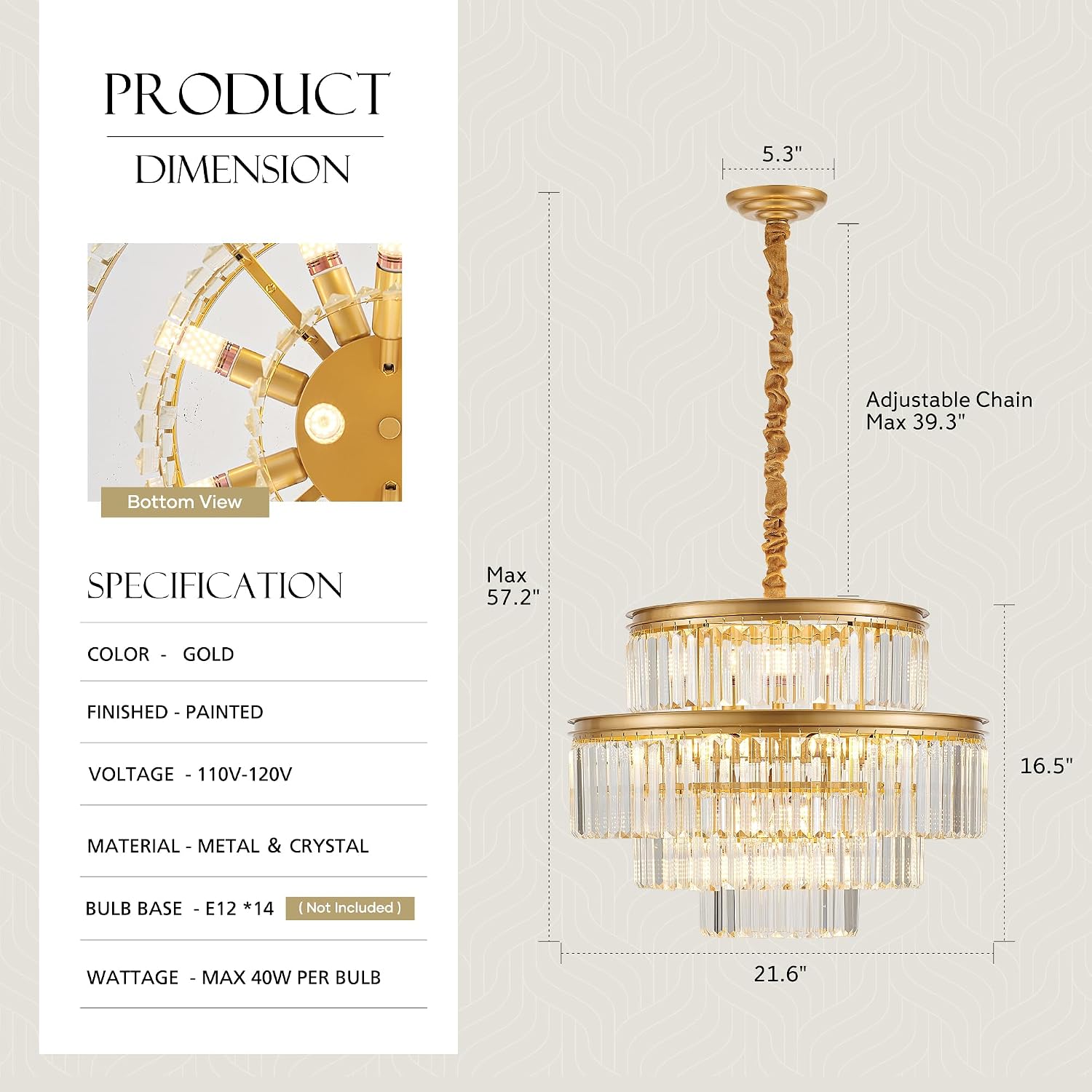21.6' 14-Light Modern Crystal Chandelier Light Fixtures 4-Tier Gold Luxury Chandeliers for Dining Room Round Hanging Pendant Lighting for Living Room Kitchen Entryway Bedroom Foyer Hallway