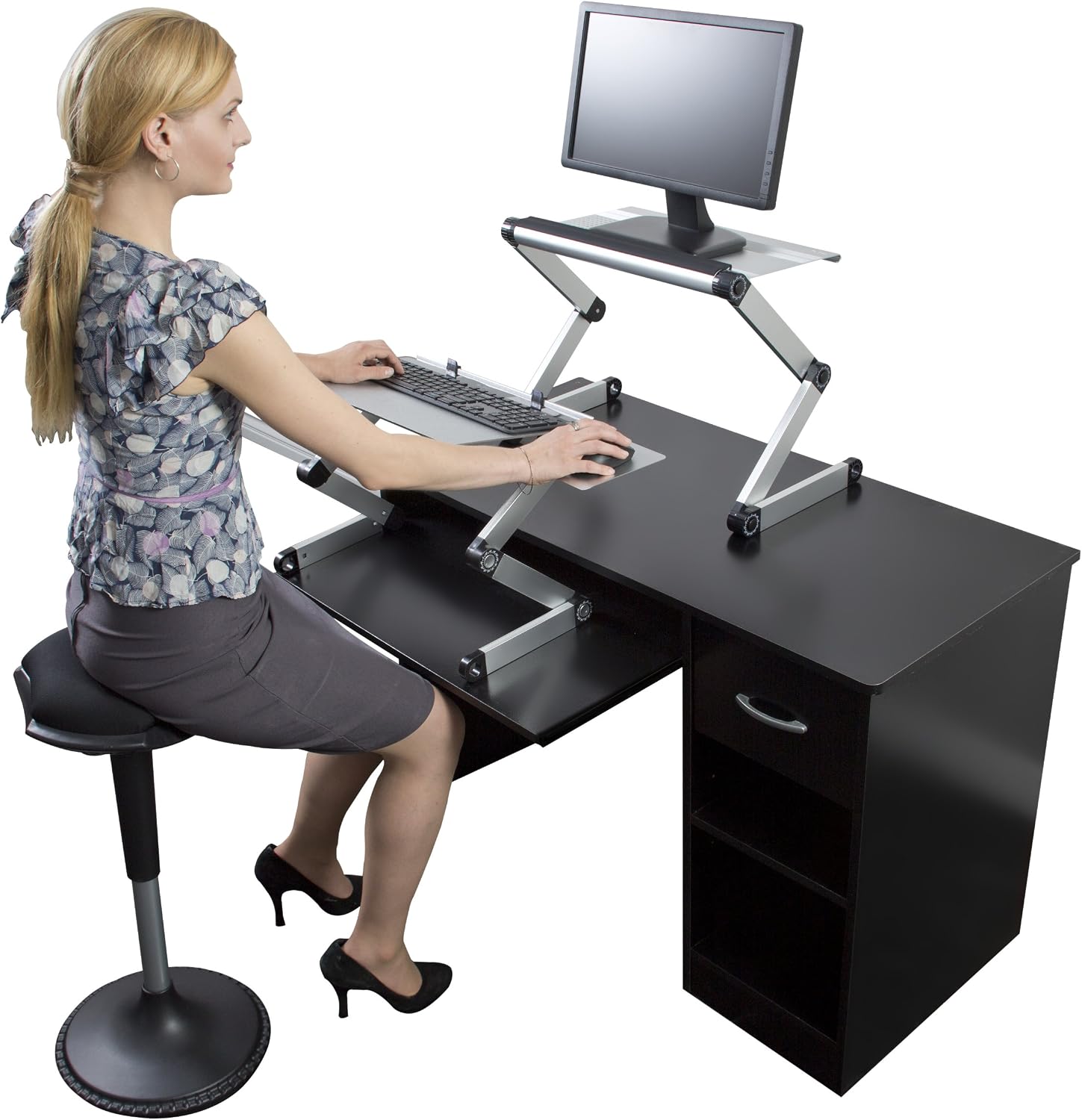 WorkEZ Adjustable Standing Desk Converter, Sit to Stand Desk Riser, Standing Desk for Laptop Monitor, Adjustable Height & Angle Negative Tilt, Silver