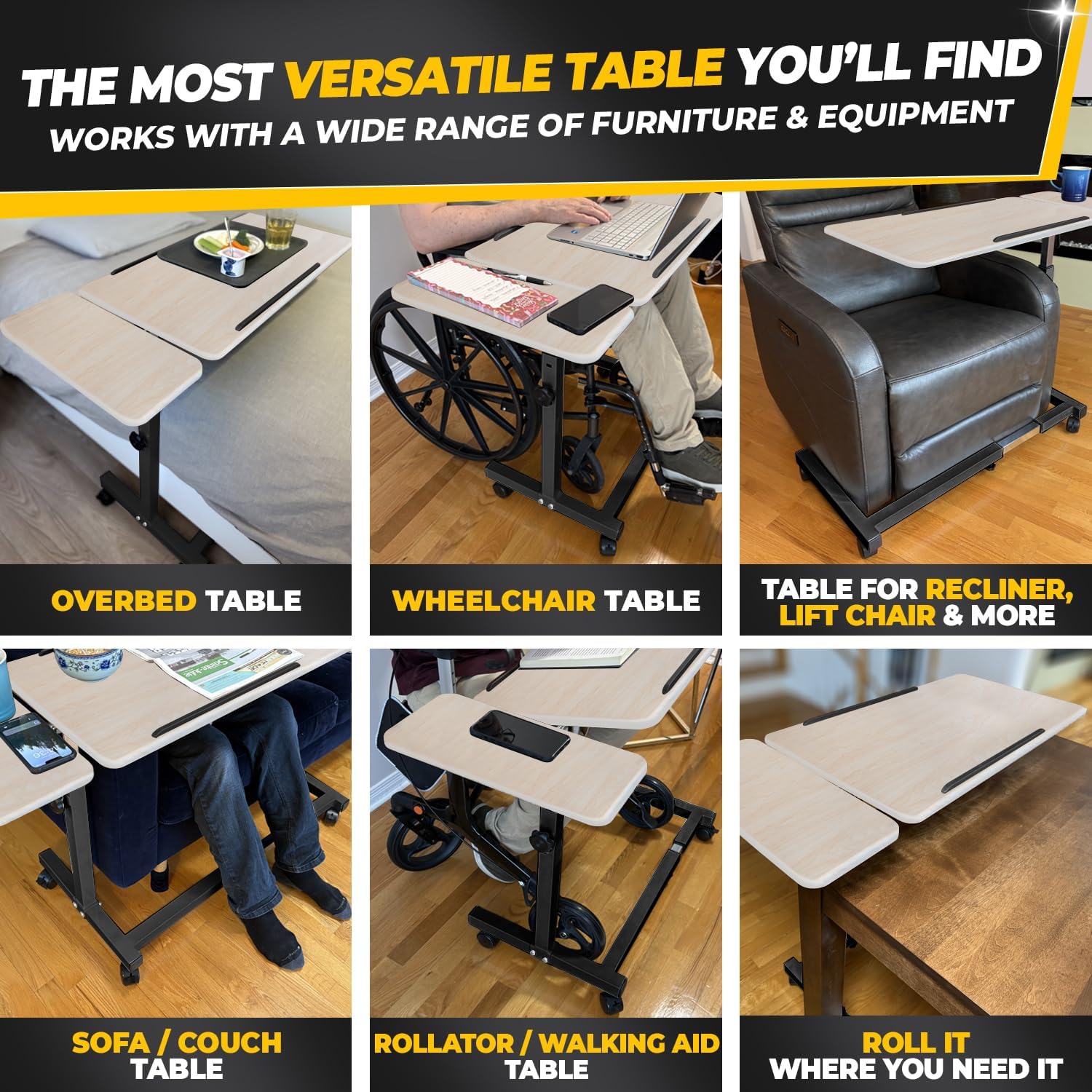 Recliner Table, Over the Bed Table with Wheels, Adjustable Width & Height, with Split Tilt Design & 4 Caster Wheels with Brakes (Beechwood Tabletop, Black Base)