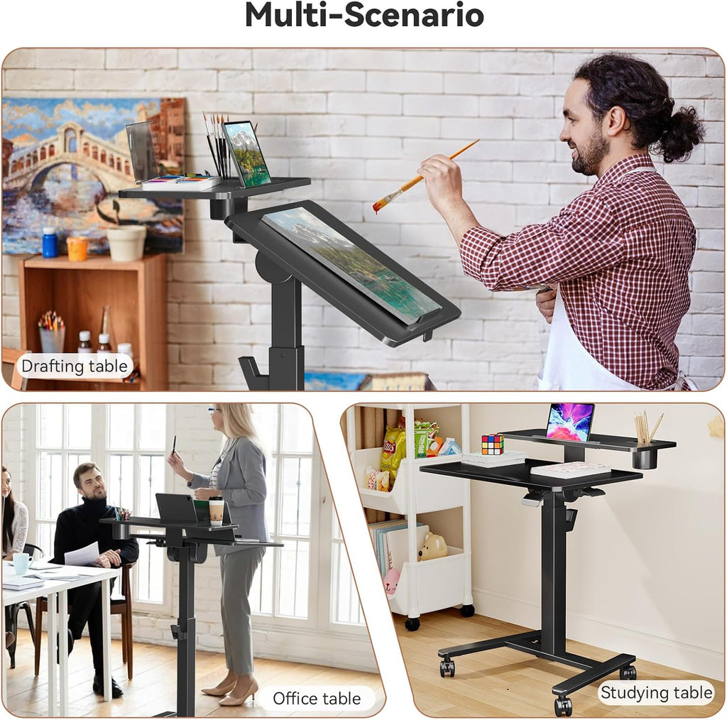 28Inch Rolling Standing Desk On Wheels， Small Computer Workstation Adjustable Height， Mobile Laptop Stand with Tiltable Desktop， 2-Tier Portable Study Table with Storage Shelves， Black