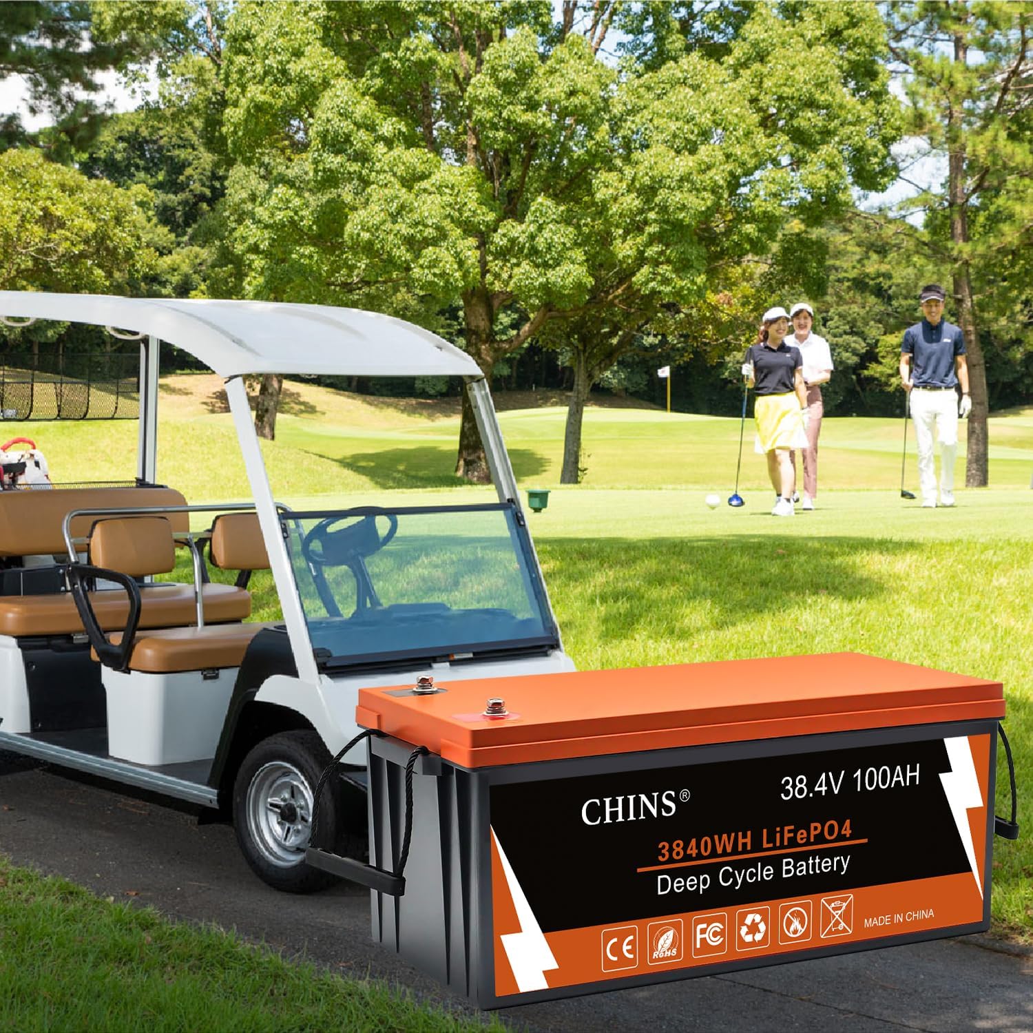 CHINS 36V Lithium Golf Cart Battery, 36 Volt 100Ah LiFePO4 Battery, Built-in Bluetooth 200A BMS, Includes 36V 25A Charger, Monitor, Perfect for Golf Carts