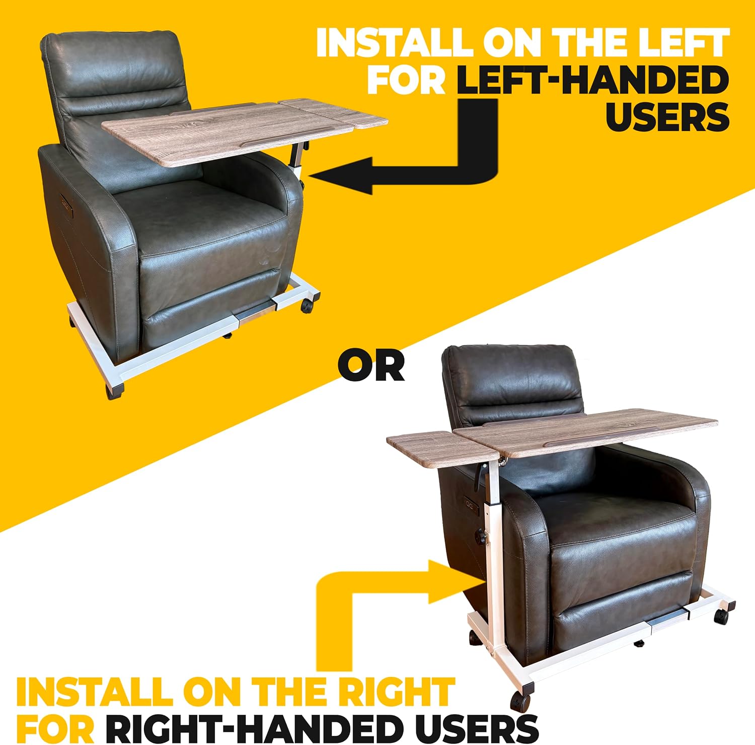 Recliner Table, Over the Bed Table with Wheels, Adjustable Width & Height, with Split Tilt Design & 4 Caster Wheels with Brakes (Rustic Oak Tabletop, White Base)