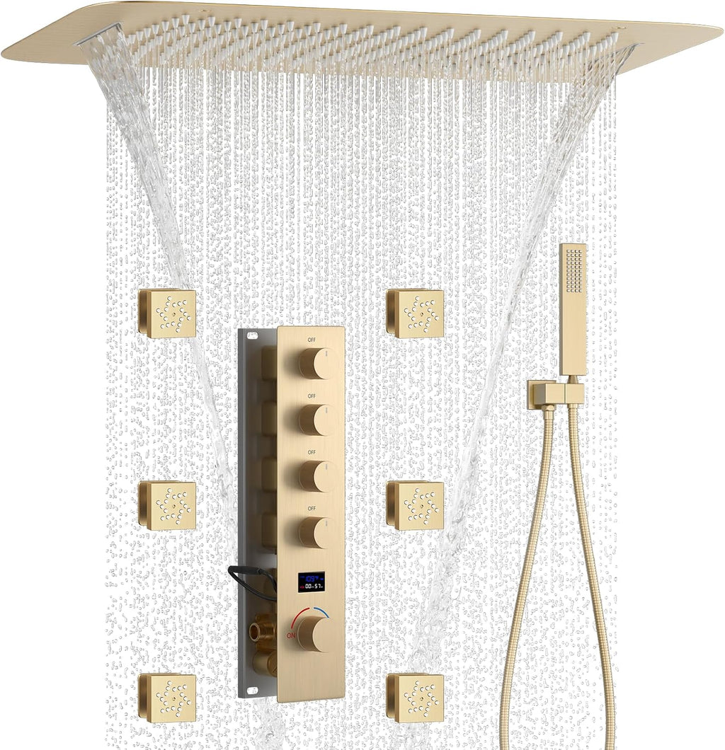 Brushed Gold Digital Display Shower System with 16X24 inch Ceiling Mounted Shower Head(Rain&Waterfall Modes), with Handheld Spray and 6 PCS Dual Modes Body Jet