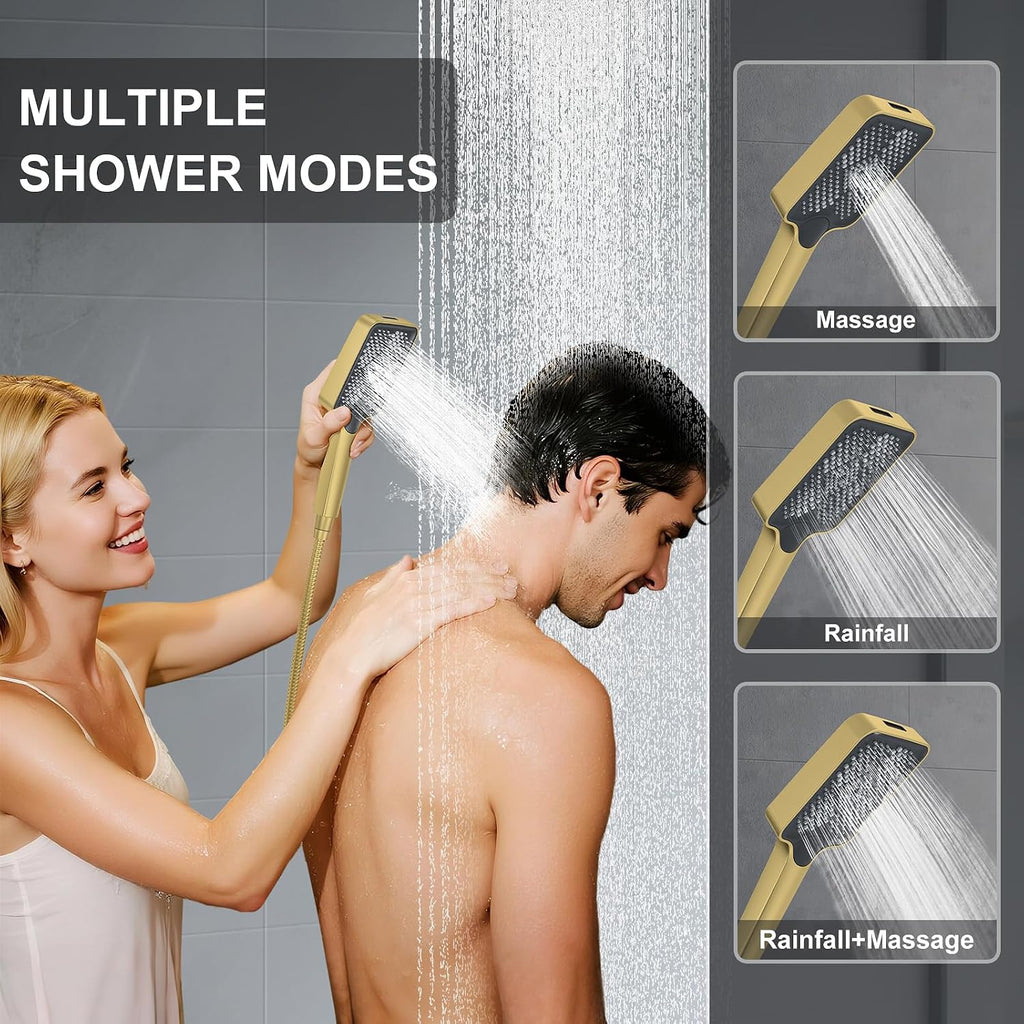 Thermostatic Shower System 13-Inch Rainfall Shower Head - 3 Setting Handheld Sprayer, Complete Bathroom Set with Faucet Mixer Trim Kit & Valve Brushed Gold