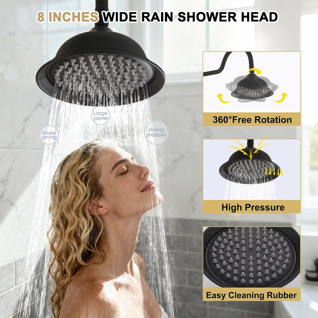 Exposed Shower System Matte Black,Antique Outdoor Shower Faucet with 8 Inches Rainfall Shower Head,Vintage Outdoor Shower Fixture with Foldable Tub Spout,Outdoor Shower Kit for Backyard Poolside