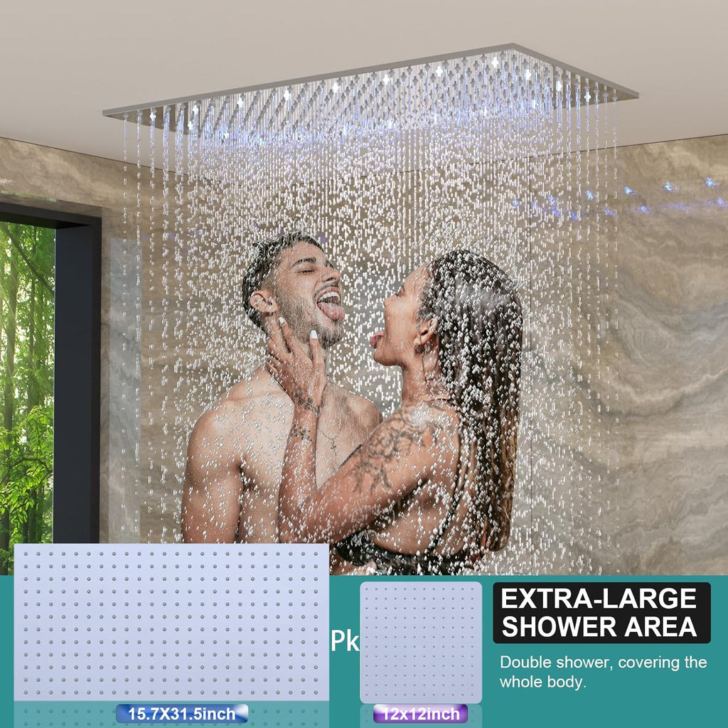 Luxury 15.7x31.5inch LED Rainfall Shower Multi Shower Head Thermostatic Shower System with Body Spray, Chrome