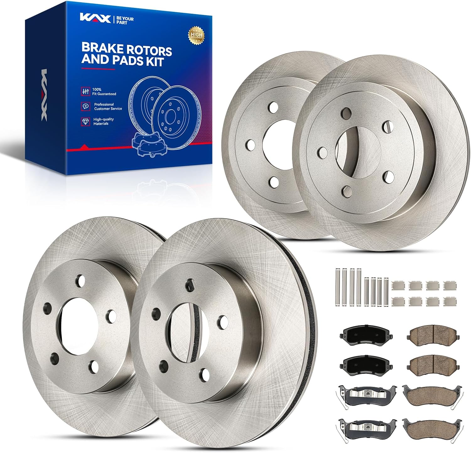 KAX Front and Rear Brakes and Rotors Kit for Jeep Liberty 2003-2007, Smooth Vented/Solid Disc Brake Rotor Ceramic Brake Pads (#53001+D856+53010+D981 Front 11.34inch, Rear 11.22inch)