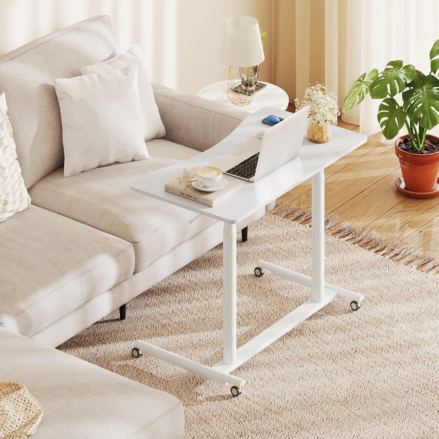 Tangkula Mobile Standing Desk, C-Shaped Sit Stand Desk with Adjustable Height, Lockable Wheels & Metal Frame, Rolling Laptop Desk, Portable Computer Workstation for Small Space