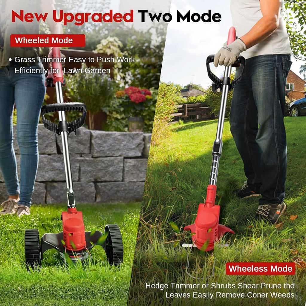 Cordless Weeder Mower Battery Powered 21V 2000mAh, Electric Weeder Brush Cutter, Height Adjustable Edge Trimmer mini Mower 3-in-1 Cutting Tool, 8 Blades, 1 Wheel, 2 Batteries, 1 Charger