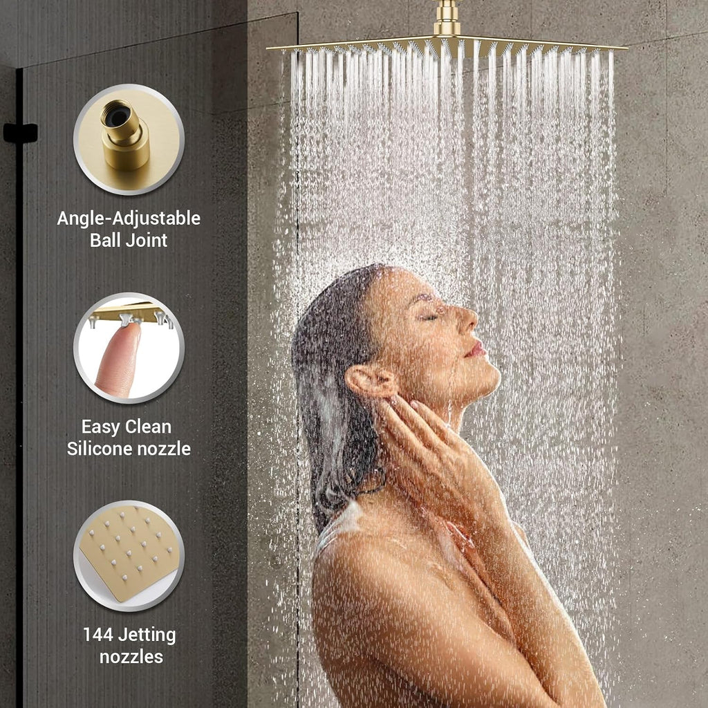 Full Body Rain Shower System with 4 Body Shower Jets & 12'' Wall Mount Rainfall Shower Head & Handheld, DASAN Multi Shower Head System Brushed Gold Rain Shower Faucets sets Combo with Rough-in Valve