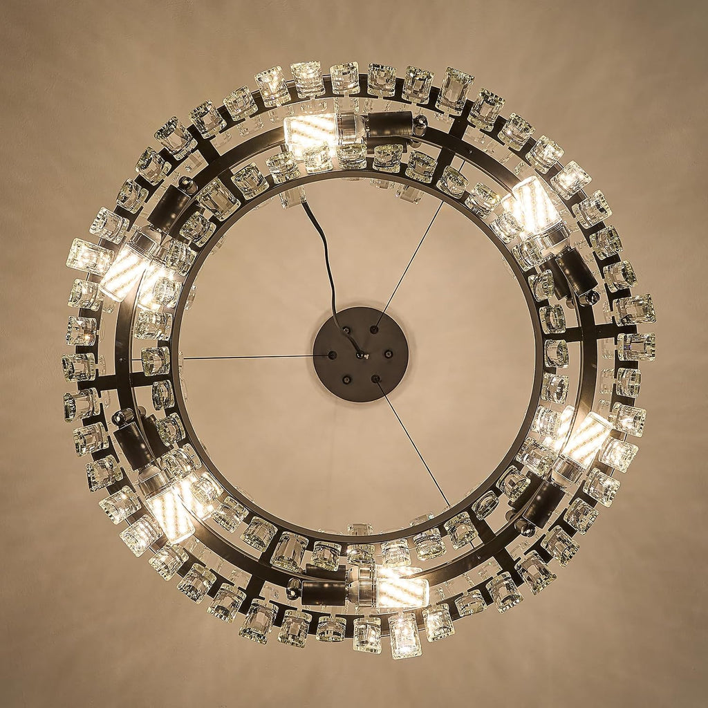 Round Crystal Chandeliers, D23.6 inch 12-Light Black Chandelier Lighting Fixture, Height Adjustable Pendant Ceiling Light for Living Room Dining Room Bedroom