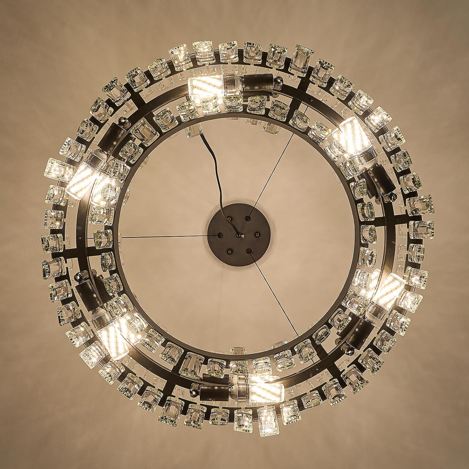 Round Crystal Chandeliers, D23.6 inch 12-Light Black Chandelier Lighting Fixture, Height Adjustable Pendant Ceiling Light for Living Room Dining Room Bedroom