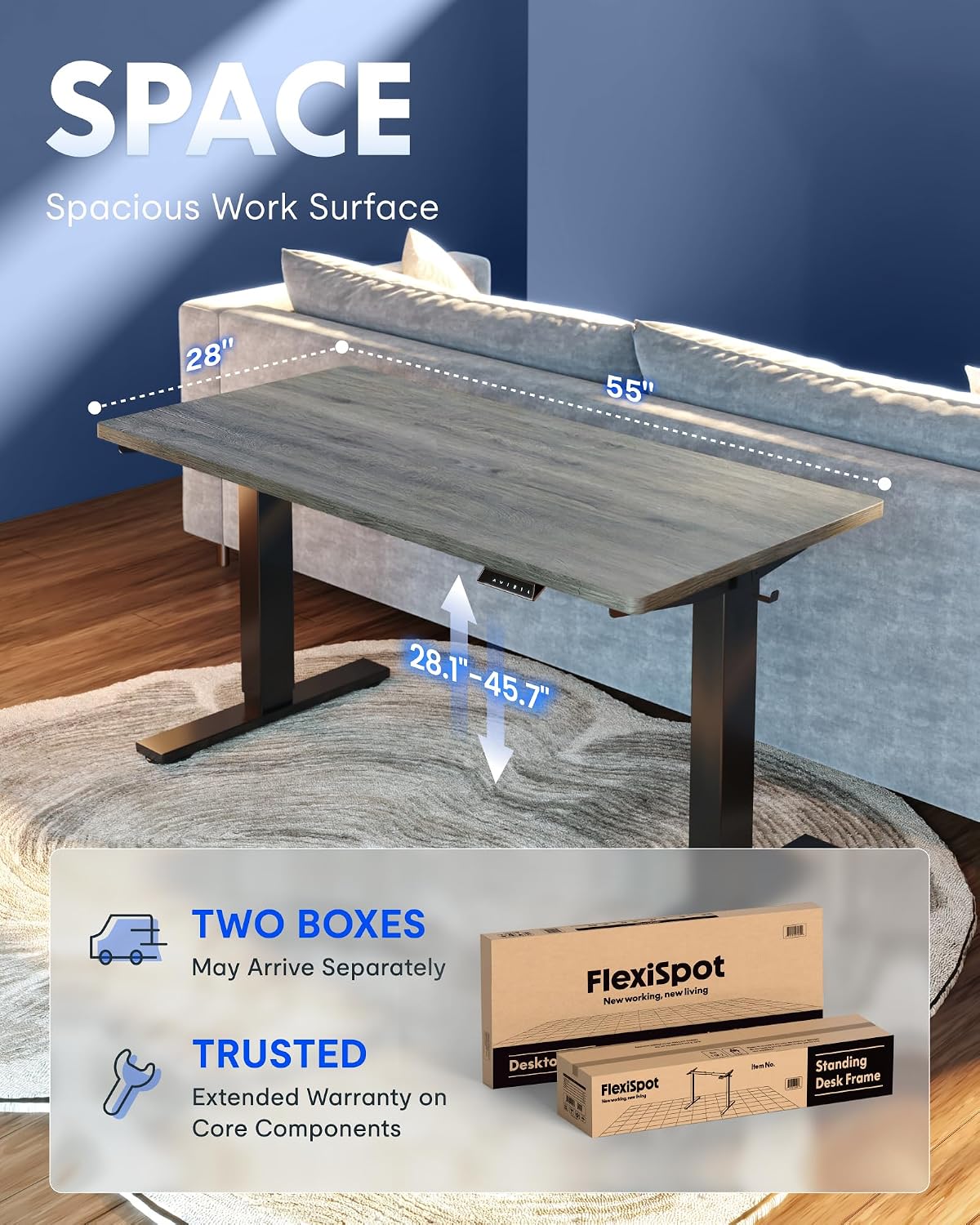 FLEXISPOT EN1 One-Piece Standing Desk, Electric Adjustable with 4 Memory Presets, 176 LBS Capacity, Stable & Quiet, Seamless Desktop for Home Office & Dual Monitors, 55'x28' Gray Wood