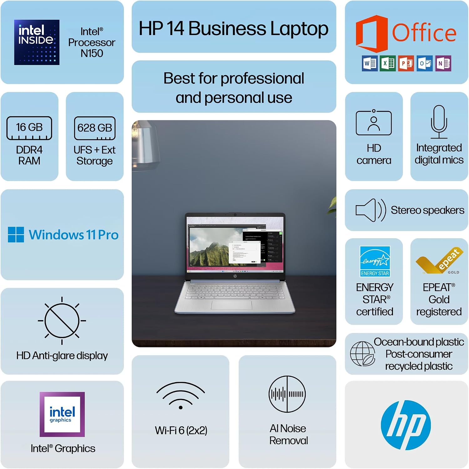 HP 14' Laptop 2025 Business Student Slim Computer, Lifetime MS Office, Copilot AI, Quad-Core Intel CPU, 16GB RAM, 628GB Storage (128GB UFS+500GB Ext), MarxsolAccessory, Wi-Fi 6, Win 11 Pro, Sky Blue
