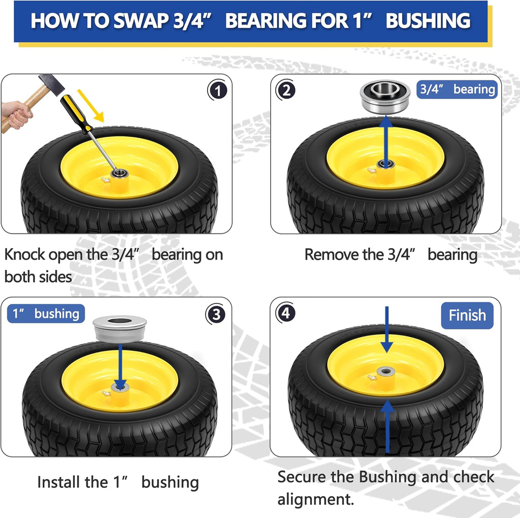 2 Pcs 16x6.50-8 Flat Free Lawn Mower Tire and Wheel, 16x6.5-8 Solid Turf Tire with 3/4' Bearing & Extra 1' Bushing, 3'-5' Offset Hub, Replacement Front Tire for Riding Mower and Graden Tractor, 550LBS