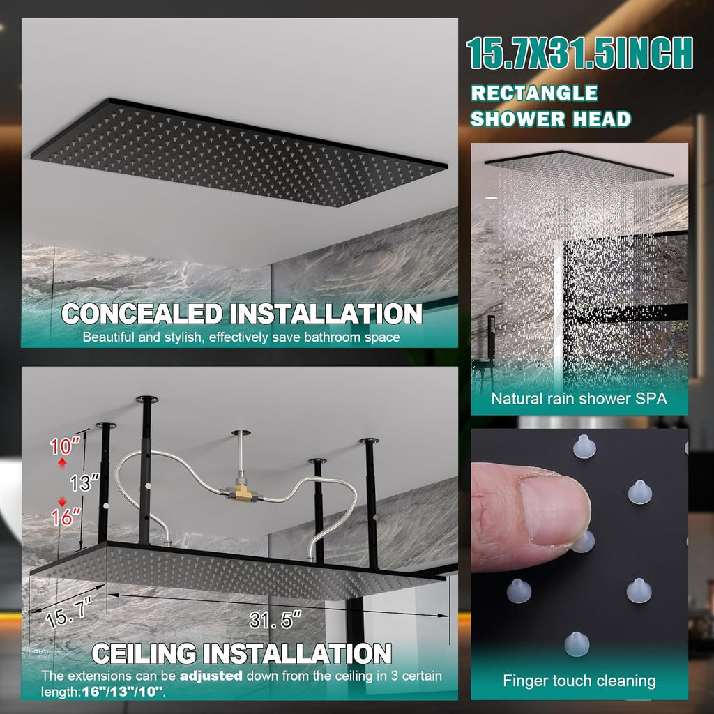 HOMEDEC 15.7x31.5' Ceiling Mounted Rainfall and 6' Wall Mounted Shower Heads with 6 Body Jets, Dual Shower Head System Rain Shower Faucet Set, Black