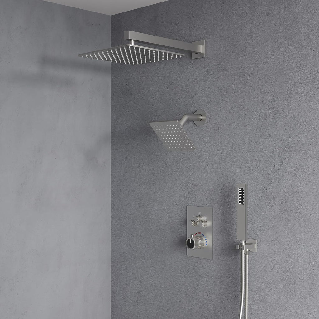Wall Mount 12' High-Pressure Rainfall Shower Faucet, Dual Rainfall Shower Head System with Valve (Brushed Nickel)