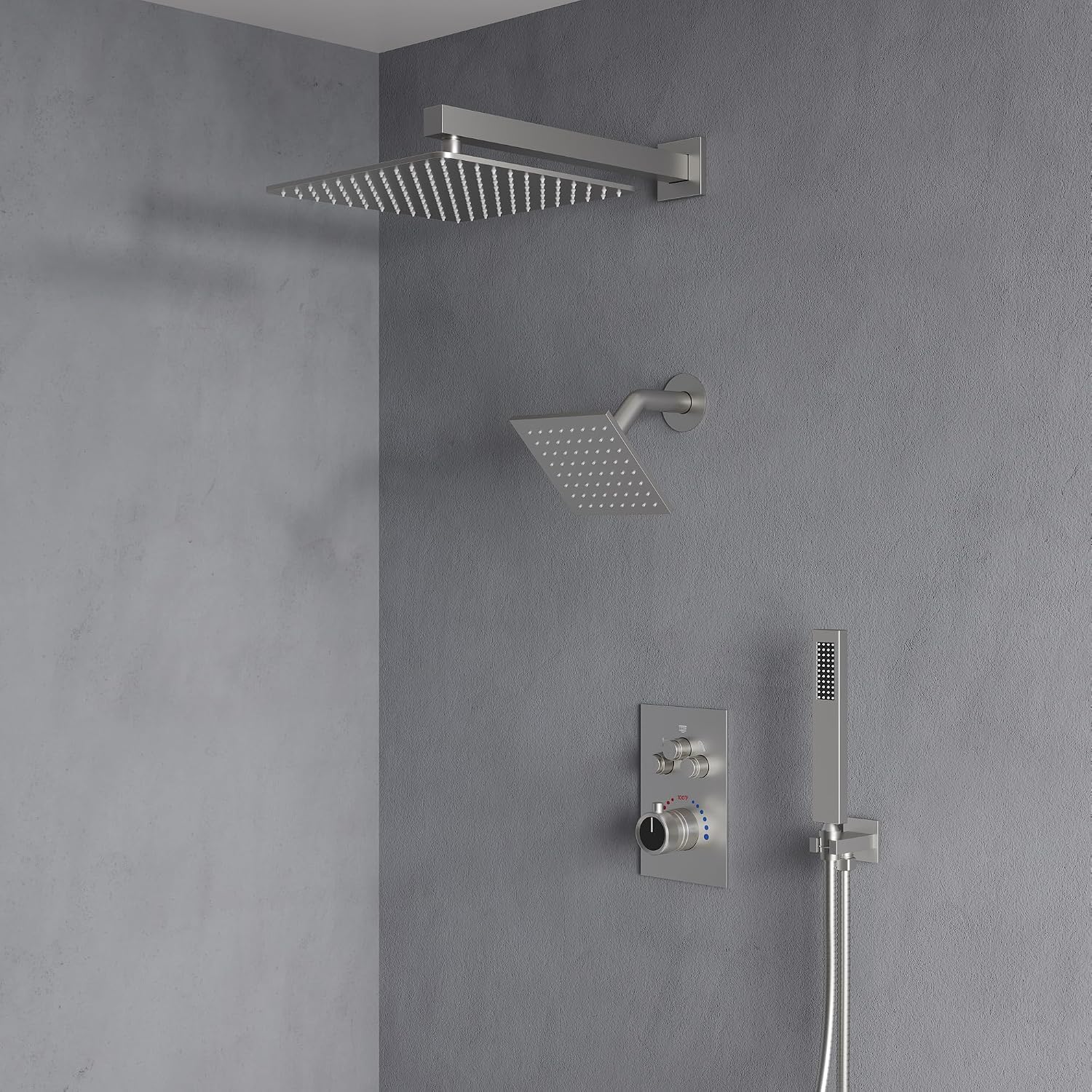 Wall Mount 12' High-Pressure Rainfall Shower Faucet, Dual Rainfall Shower Head System with Valve (Brushed Nickel)