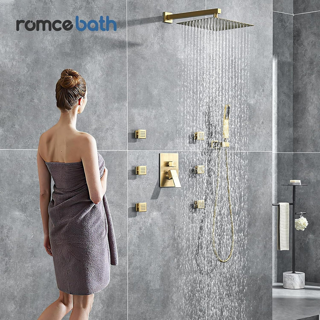 Rain Shower System With Complete 6 Pcs Body Sprays Jets And Pressured Balance Rough-in Valve,12Inch Rainfall Shower Head And Handheld, Modern Brushed Gold Wall Mount Shower Faucets Sets