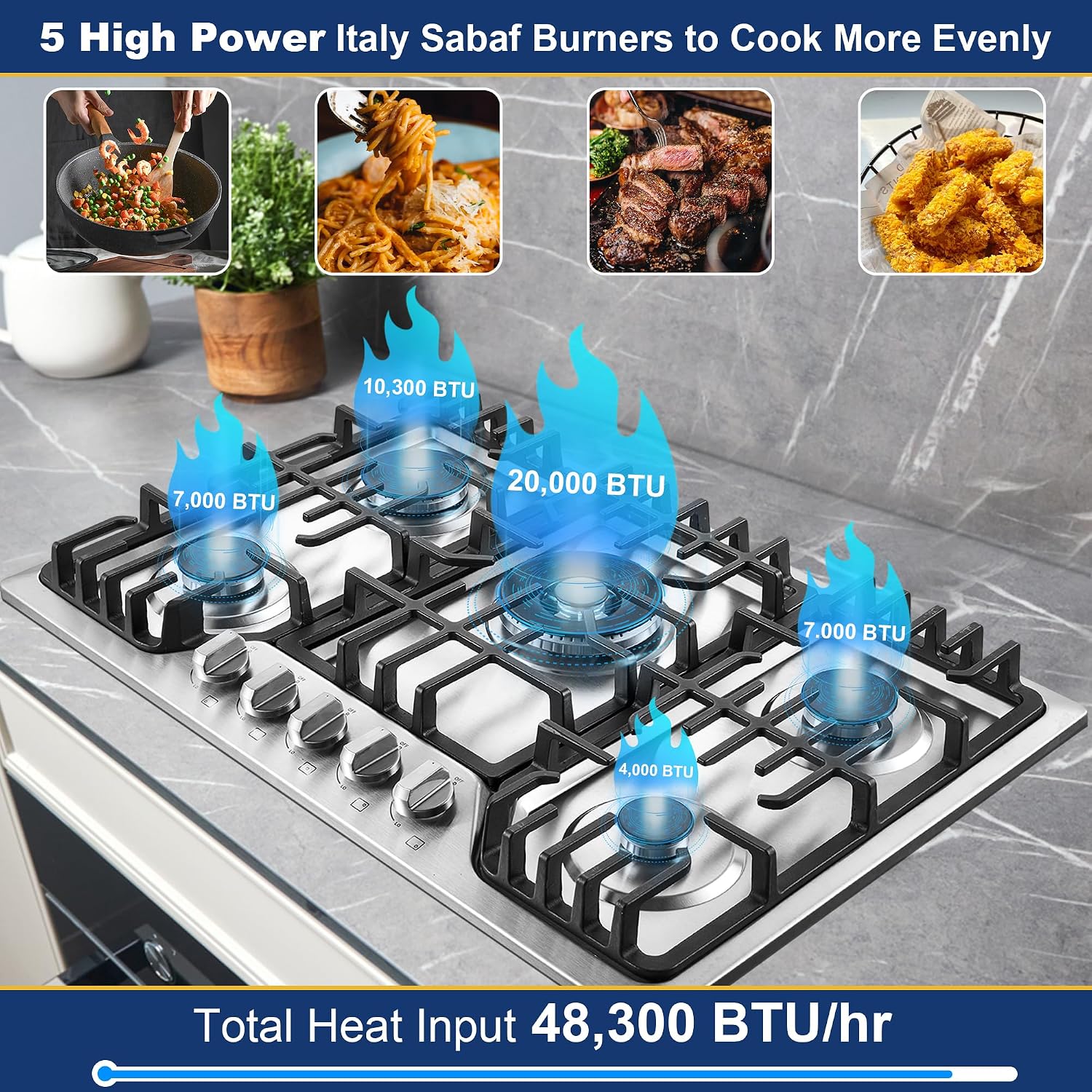 Amzgachfktch Gas Cooktop 30 Inch with 5 Italy SABAF Powerful Burners, Max 48,300 BTU/hr Gas Stove Top, Built-in 304 Stainless Steel Propane Stove, NG/LPG Convertible, CSA Certified