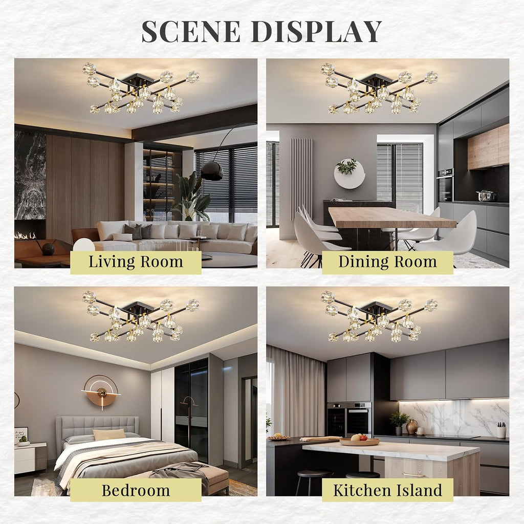 Crystal Sputnik Ceiling Light Fixture，Modern Luxury Black and Gold Chandeliers with 17-Light，Semi Flush Mount Ceiling Light Fixture for Dining Room,Living Room,Kitchen Island,Bedroom.