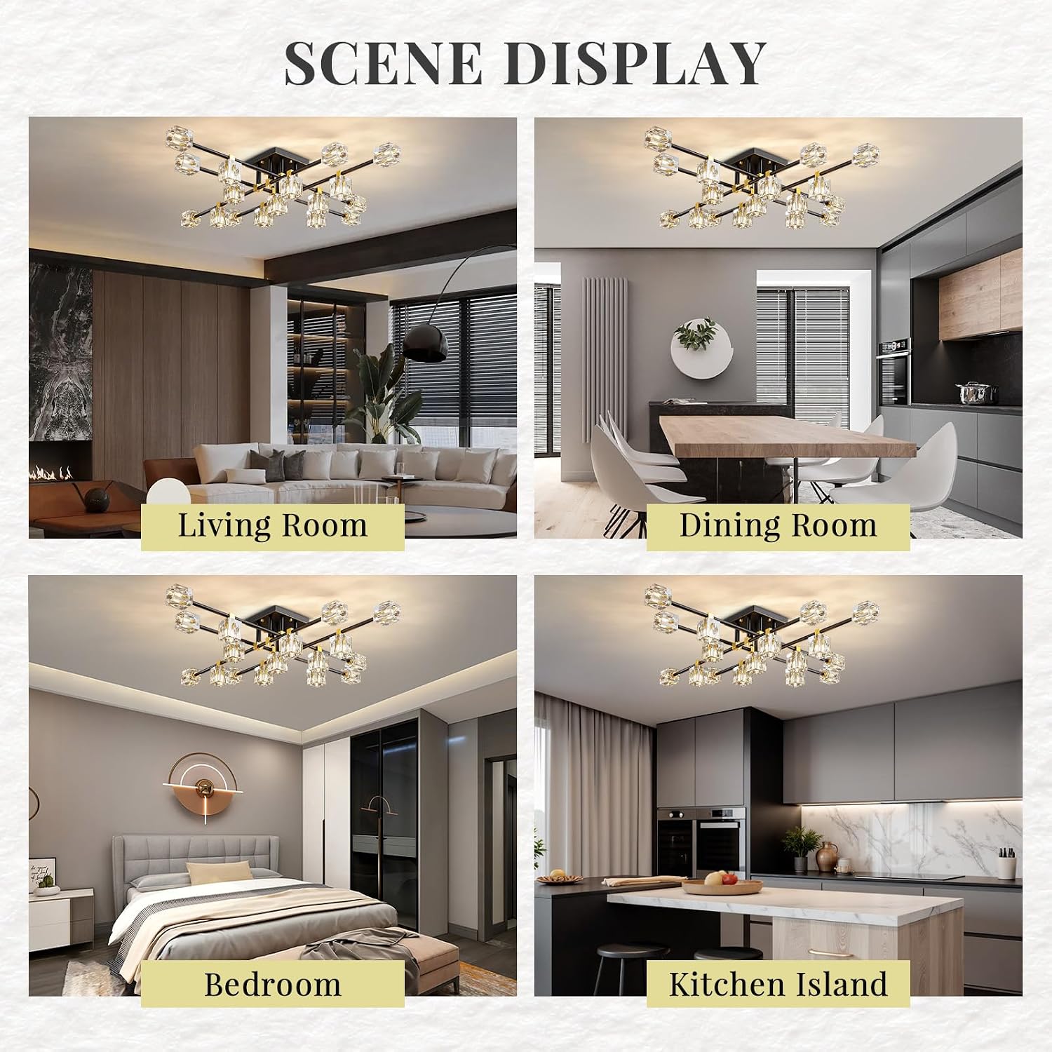 Crystal Sputnik Ceiling Light Fixture，Modern Luxury Black and Gold Chandeliers with 17-Light，Semi Flush Mount Ceiling Light Fixture for Dining Room,Living Room,Kitchen Island,Bedroom.