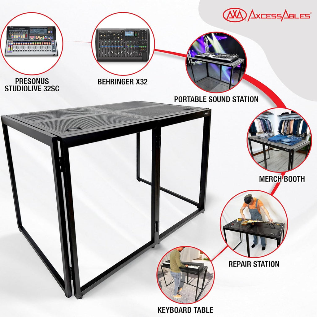 AxcessAbles Portable DJ Table XL – 54' x 27' Music Workstation | 35' Standing Height, 400lb Capacity | Collapsible FOH Sound Desk for DJs, Mixing Consoles, Guitar Techs| Recording Desk | DJ Booth