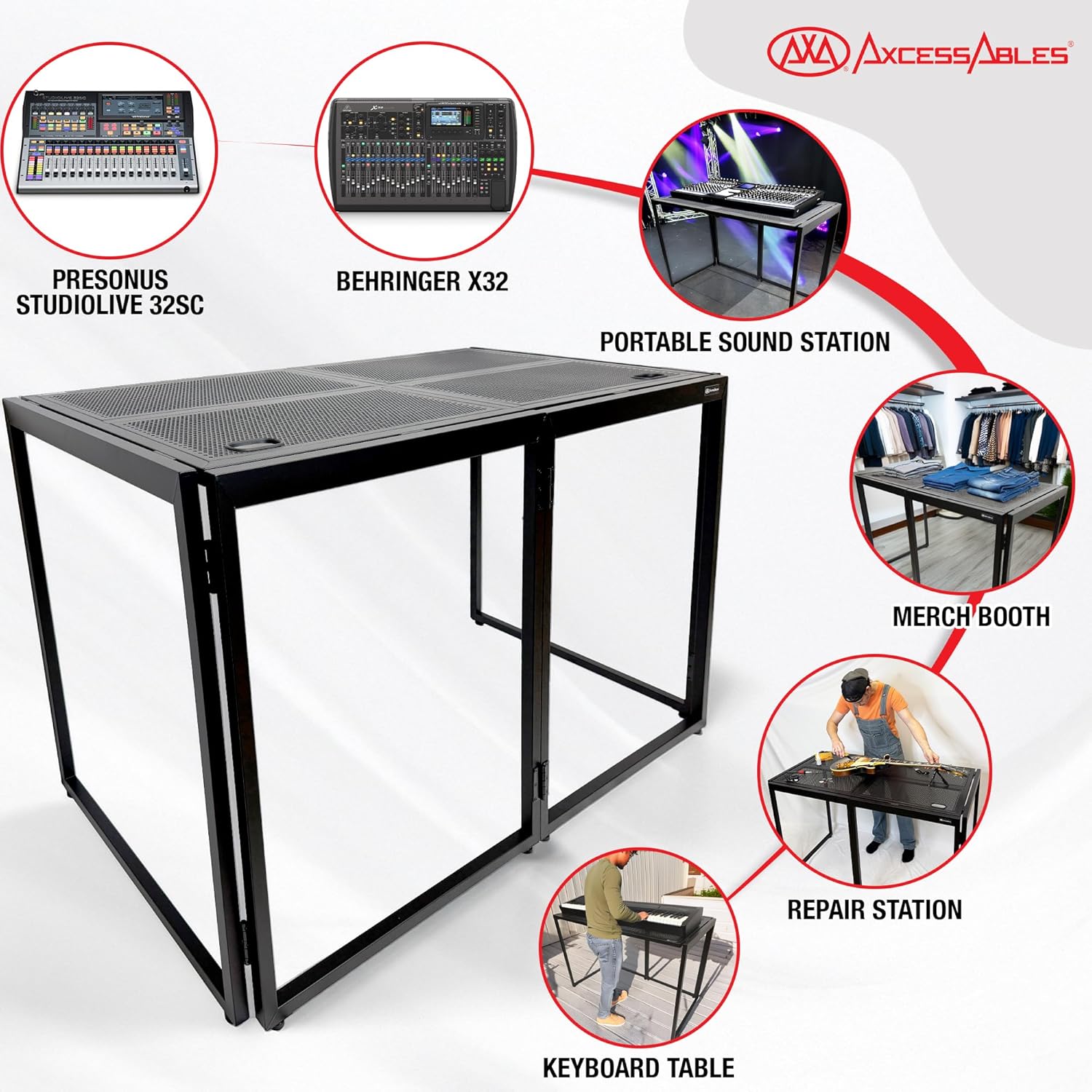 AxcessAbles Portable DJ Table XL – 54' x 27' Music Workstation | 35' Standing Height, 400lb Capacity | Collapsible FOH Sound Desk for DJs, Mixing Consoles, Guitar Techs| Recording Desk | DJ Booth