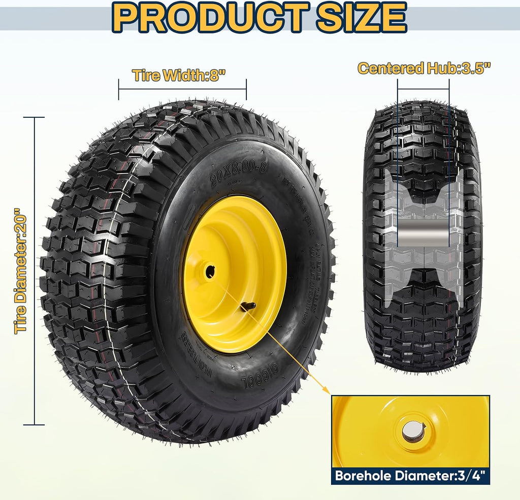 2PCS 20x8.00-8 Rear Tire and Wheel Assemblies, 3/4' Borehole, 3.5' Offset Hub and 3/16' Keyway, 4 Ply, 905lbs Capacity, Replacement for Riding Lawn Mowers