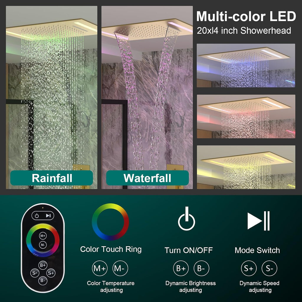 Brushed Gold Faucets Set Thermostatic Shower System, 4-Way Luxury Shower Fixture 14X20Inch LED Waterfall Rainfall Shower Head with Waterfall Tub Spout and Dual-mode Handheld