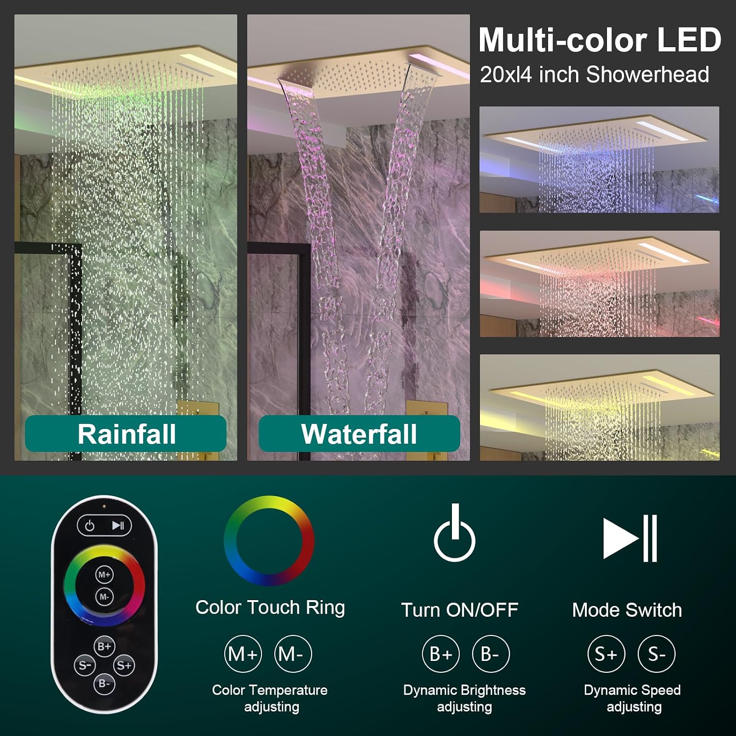 Brushed Gold Faucets Set Thermostatic Shower System, 4-Way Luxury Shower Fixture 14X20Inch LED Waterfall Rainfall Shower Head with Waterfall Tub Spout and Dual-mode Handheld