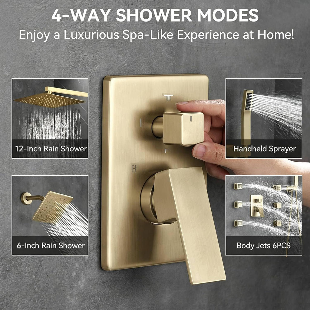 Shower System Brushed Gold Dual Shower Head with Body Jets, Oupukle Four Modes Shower Faucet Set Wall Mounted 12' & 6' Rain Shower Head with 6PCS Body Jets