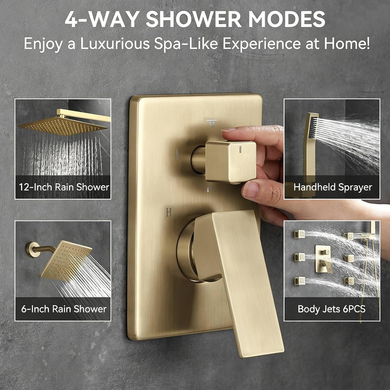 Shower System Brushed Gold Dual Shower Head with Body Jets, Oupukle Four Modes Shower Faucet Set Wall Mounted 12' & 6' Rain Shower Head with 6PCS Body Jets