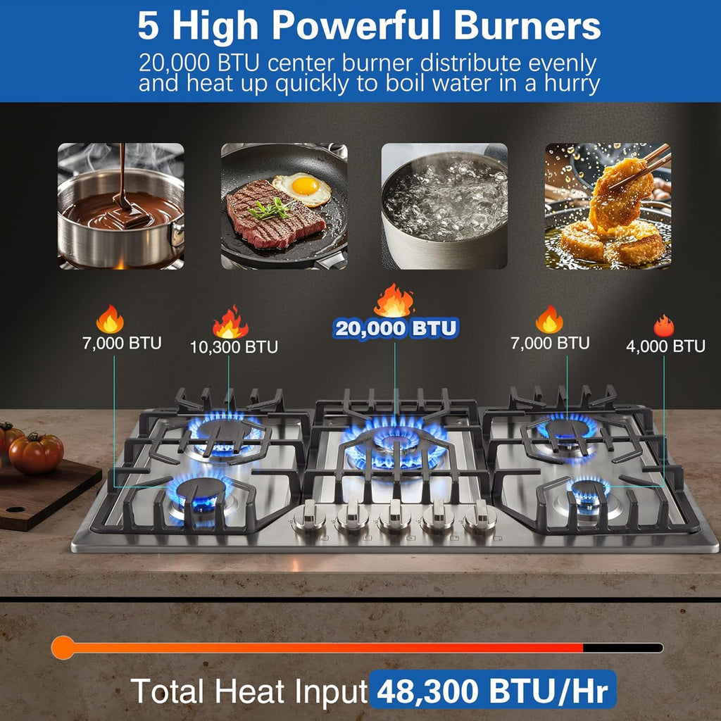 Amzgachfktch Gas Cooktop 36 inch with 5 Italy Sabaf Sealed Burners, Max 48,300 BTU Built-in Gas Stove Top, Propane Cooktop with 304 Stainless Steel Panel, NG/LPG Convertible, CSA Certified