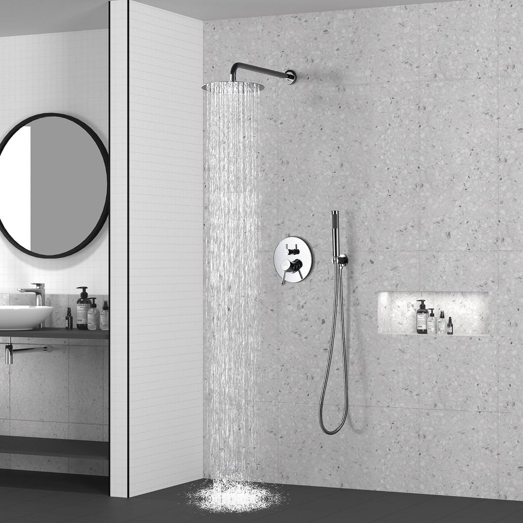 CASAINC Shower Valve and Trim Kit, 10 Inch Round 2 Functions Rain Shower Head with Handheld Spray Wall Mounted Shower System (Chrome)