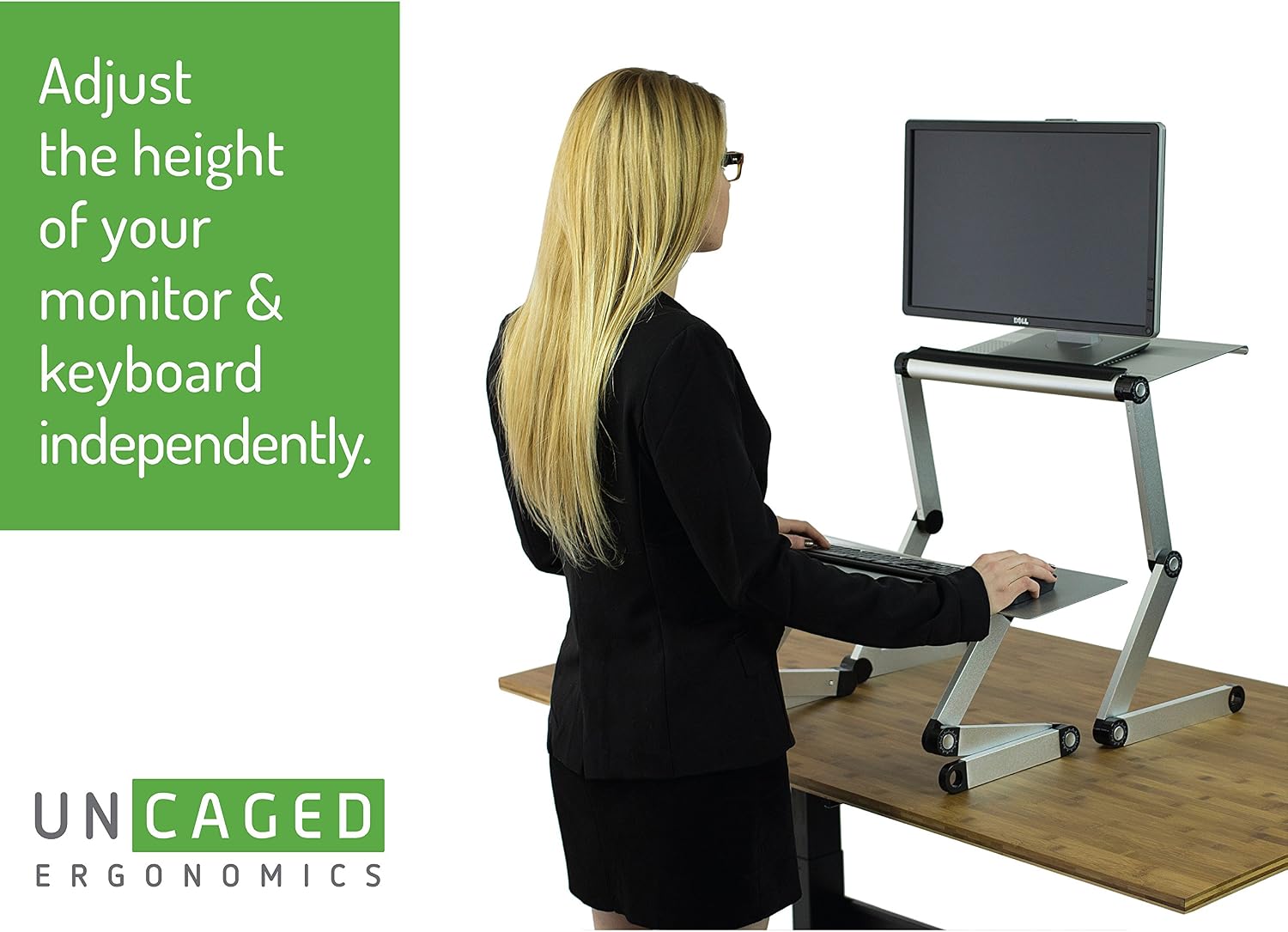 WorkEZ Adjustable Standing Desk Converter, Sit to Stand Desk Riser, Standing Desk for Laptop Monitor, Adjustable Height & Angle Negative Tilt, Silver