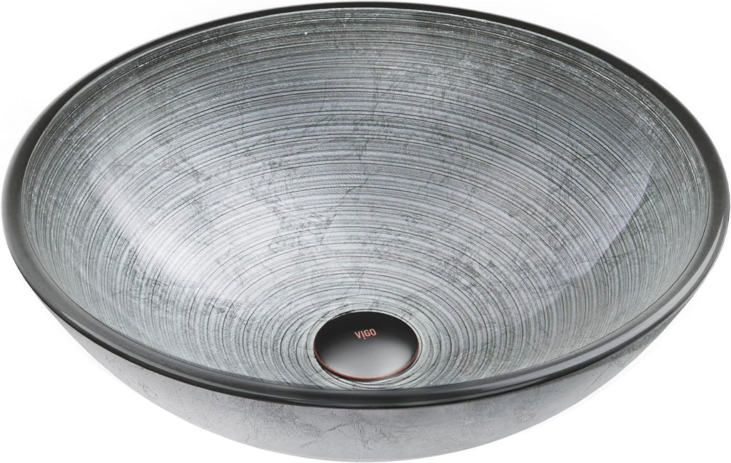 Vigo Vessel Sink Silver - 17' Artistic Round Bowl Sink for Bathrooms, Tempered Glass Above Counter Bathroom Sink with NonStickShield, QuickDrain & TempGuard, Modern Luxury Design