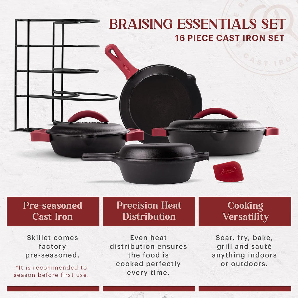 Cuisinel Cast Iron 16-Piece Pre-Seasoned Cookware Set - 8' + 12' Braiser Pans + Cast Iron Lids + 10' Skillet + 2-in-1 Multi-Cooker + 12' Organizer + Scraper + Silicone Handle Covers - Fire, Oven Safe