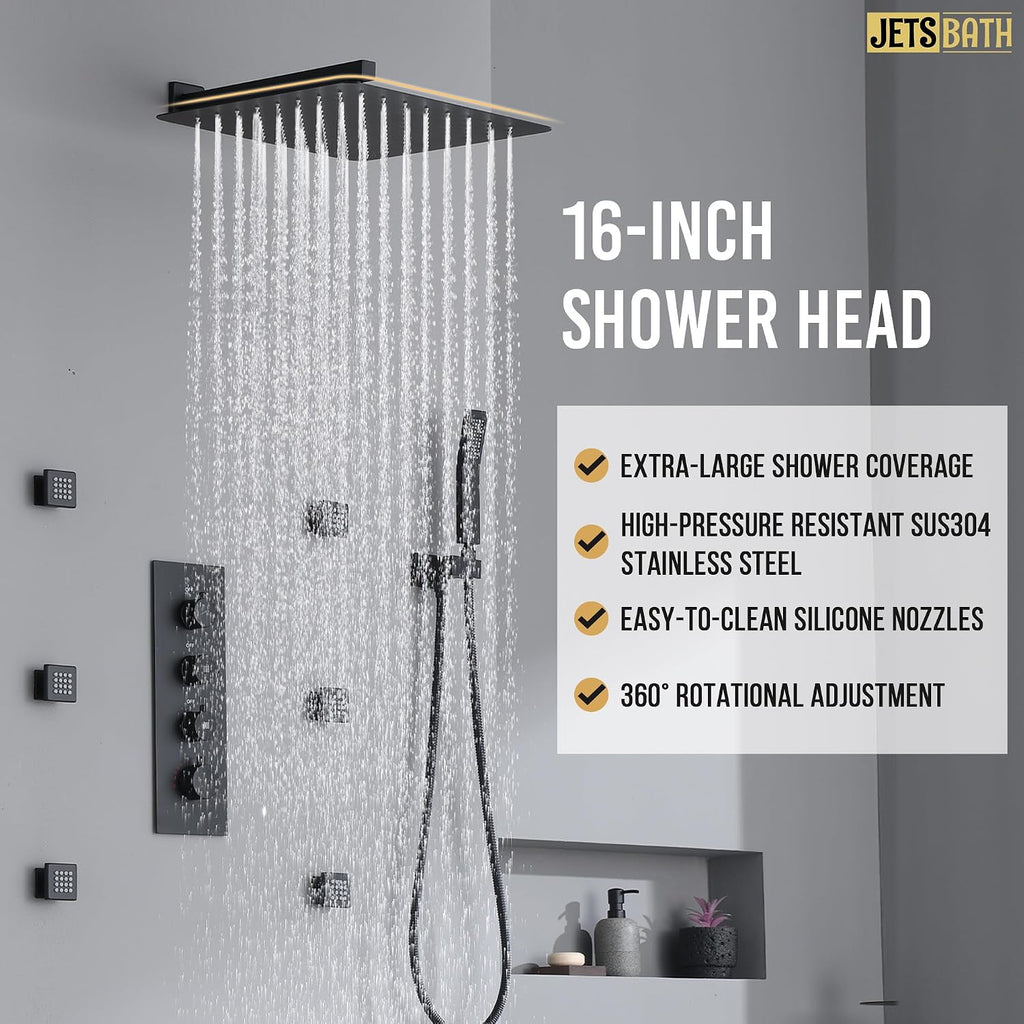 16' Thermostatic Rain Shower System with 6 Body Jets & 16-Inch Rainfall Shower Head, JetsBath Full Body Shower Faucet Sets with Valve & Handheld, Matte Black Luxury Wall Mount Shower Faucet Set