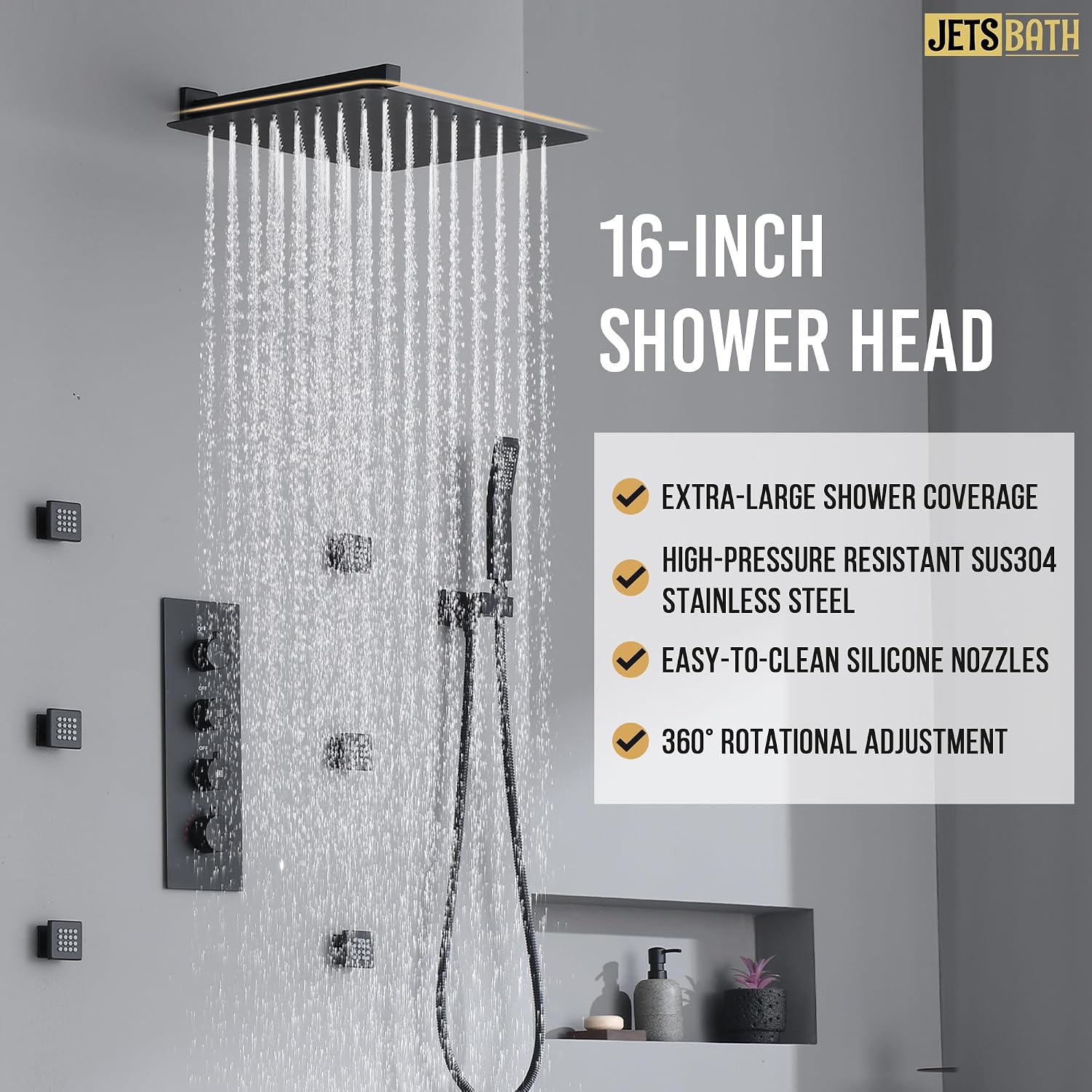 16' Thermostatic Rain Shower System with 6 Body Jets & 16-Inch Rainfall Shower Head, JetsBath Full Body Shower Faucet Sets with Valve & Handheld, Matte Black Luxury Wall Mount Shower Faucet Set