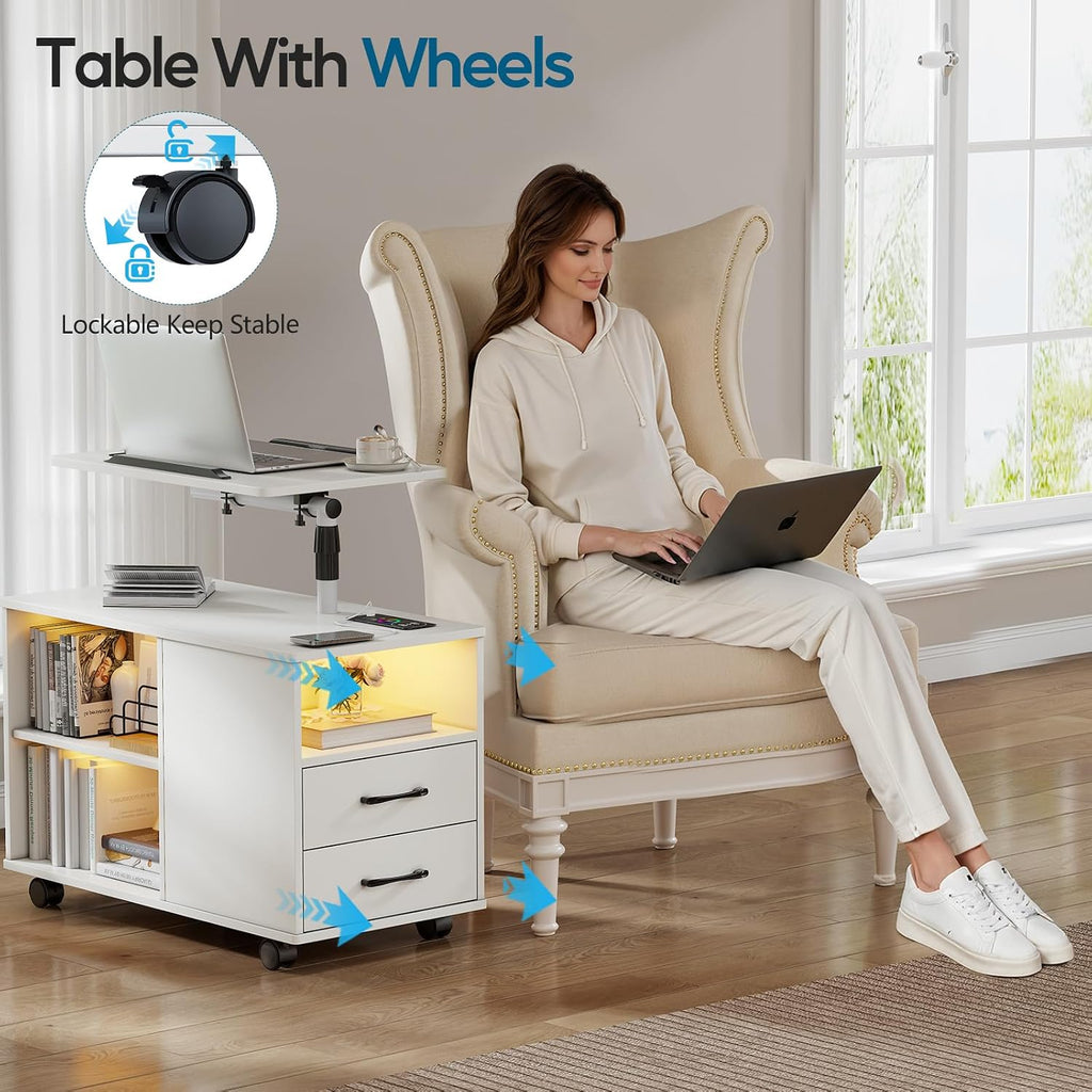 WOOVIVS Nightstand Set of 2 with USB Charging Station, Bedside Table with Storage Drawer, Rotatable Bracket, Modern Design (White)