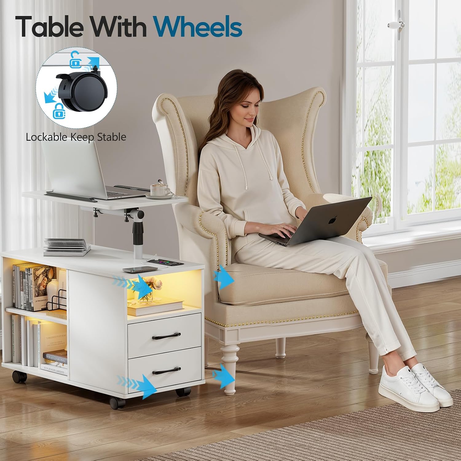 WOOVIVS Nightstand Set of 2 with USB Charging Station, Bedside Table with Storage Drawer, Rotatable Bracket, Modern Design (White)