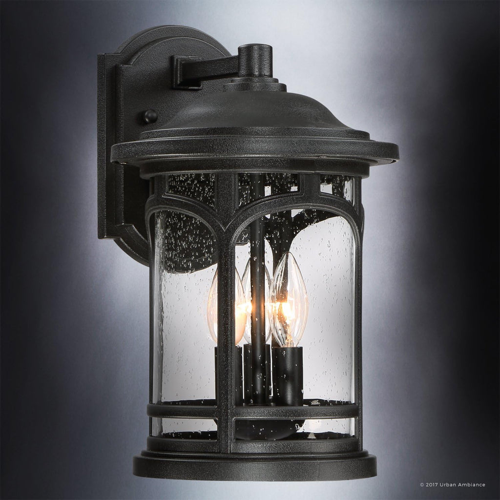 Urban Ambiance Luxury Rustic Outdoor Wall Light, Medium Size: 14.5' H x 9' W, with Colonial Style Elements, Wrought Iron Design, High-End Black Silk Finish and Seeded Glass, UQL1102