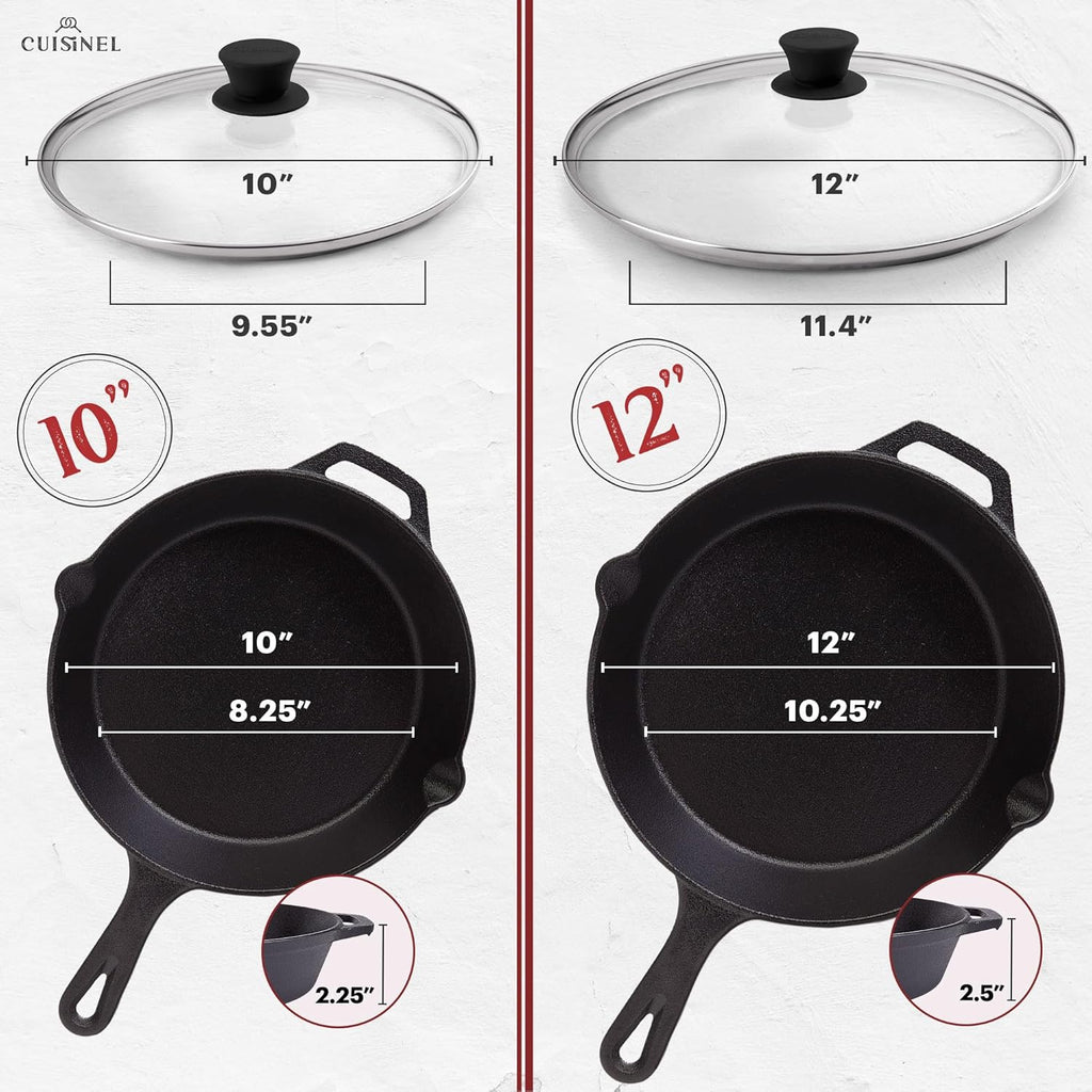 Cuisinel Cast Iron Skillets Set - 6'+8'+10+12'-Inch + Glass Lids + Silicone Handle Holder Cover Grips - Pre-Seasoned Frying Pan - Oven Safe Cookware - Indoor/Outdoor Use - Grill, Stovetop, Fire Safe