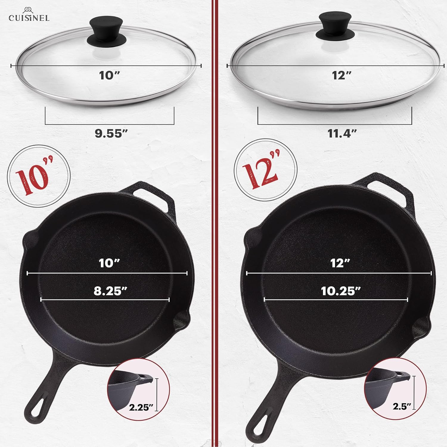 Cuisinel Cast Iron Skillets Set - 6'+8'+10+12'-Inch + Glass Lids + Silicone Handle Holder Cover Grips - Pre-Seasoned Frying Pan - Oven Safe Cookware - Indoor/Outdoor Use - Grill, Stovetop, Fire Safe