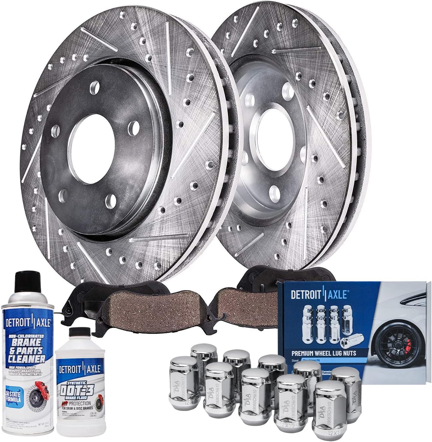 Detroit Axle - Front Brake Kit for Subaru Legacy Outback Forester Impreza, Drilled & Slotted Disc Brake Rotors Ceramic Brake Pads Wheel Lug Nuts Replacement