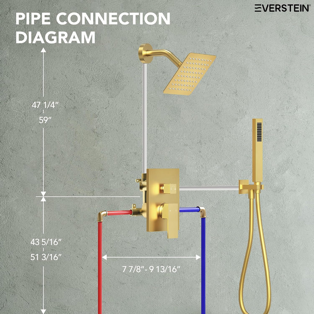 6' High-Pressure Shower System with Handheld Spray, Wall Mount Bathroom Shower Faucet Set with Valve (Brushed Gold)